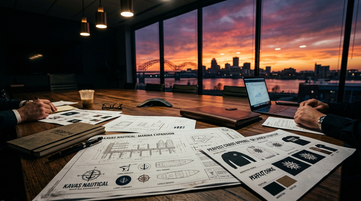 Memphis boardroom, skyline behind